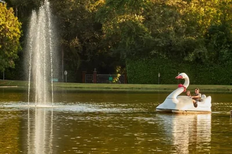 Pedalinho em forma de cisne no lago do Lagos de Jurema, com fonte ao lado
